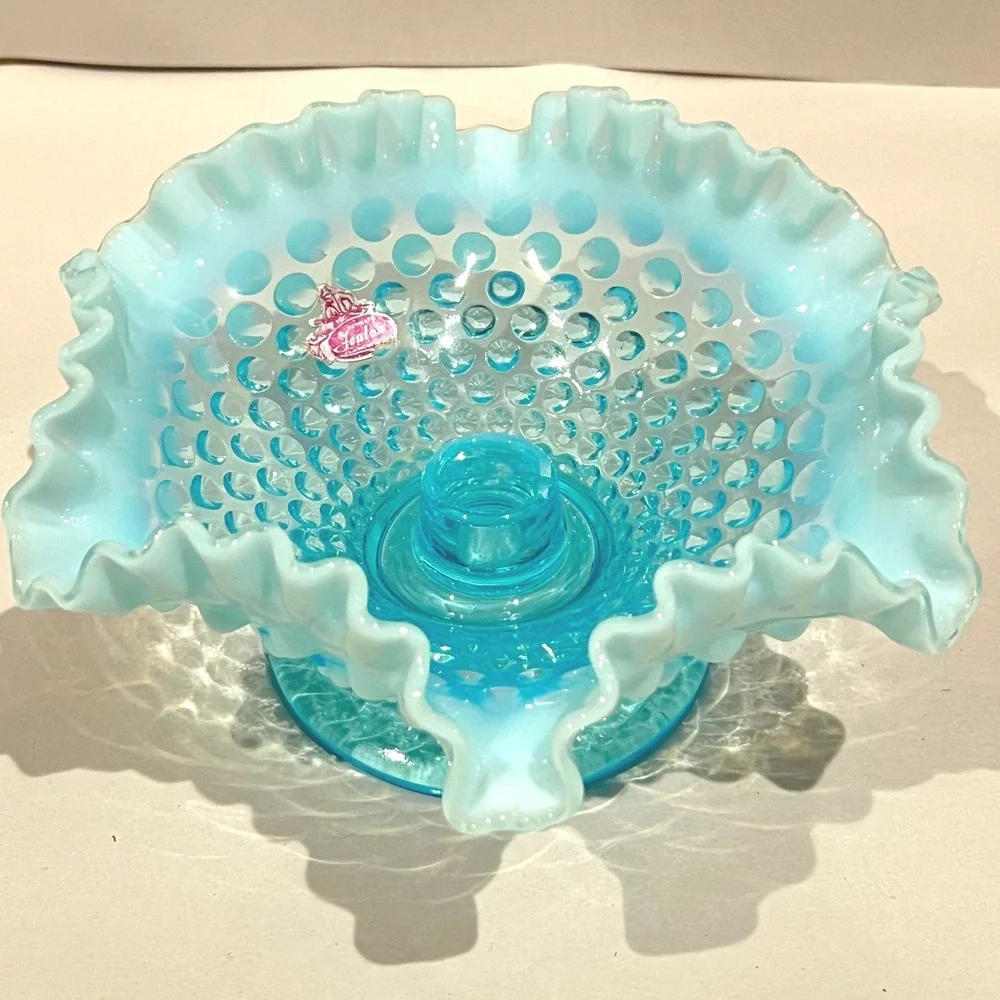 Fenton Aqua Opalescent Hobnail Ruffled Candle Holder Pedestal‎ 1950s MCM